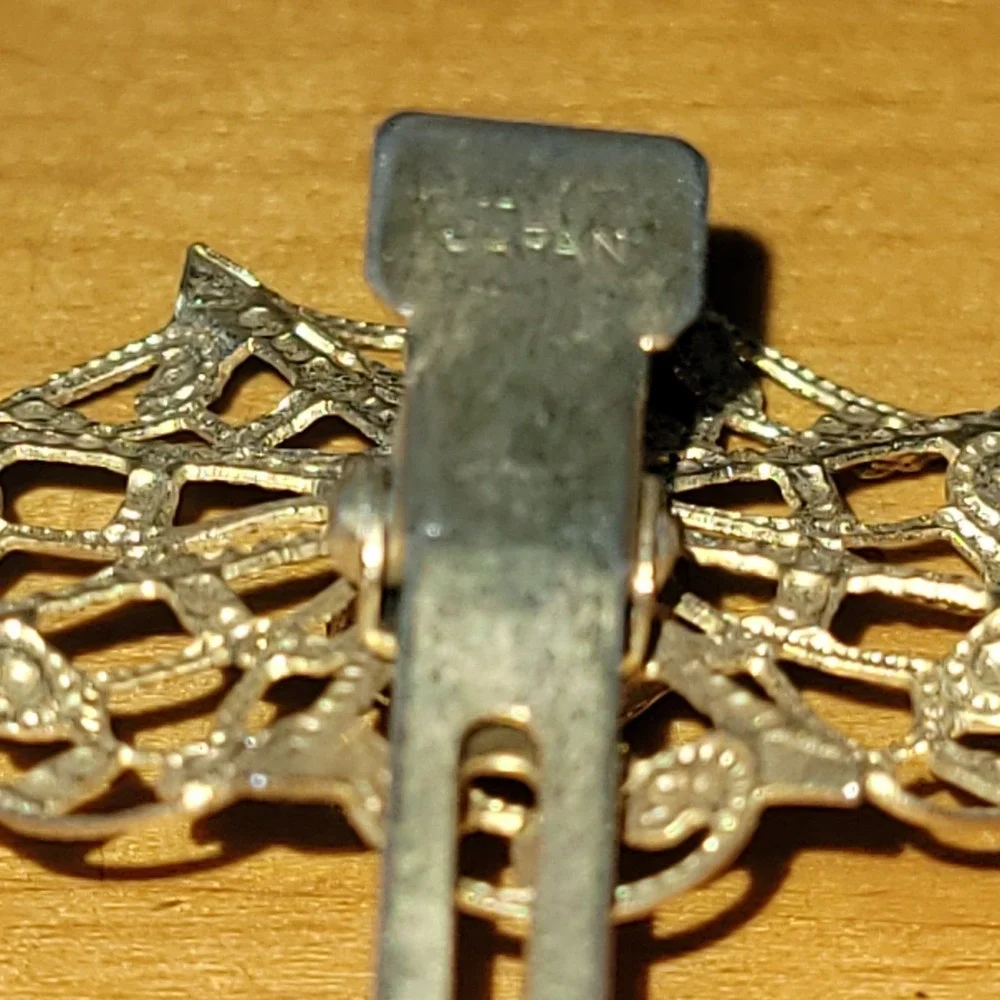 Vintage JAPAN Filigree Flower Hair Clip Smoky Rhinestone Silver Tone